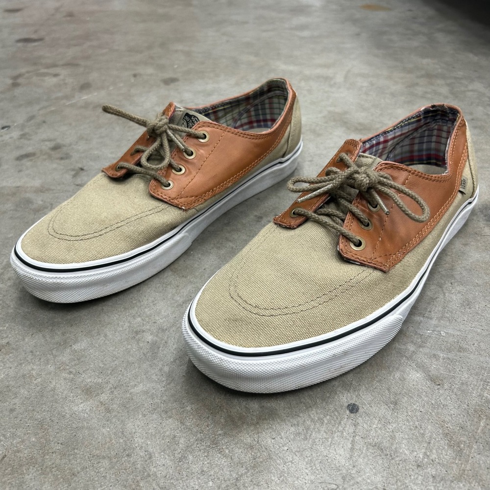 Vans Mens 11 Low Top Tan Canvas Brown Leather Plaid Lining Sneakers TB4R
